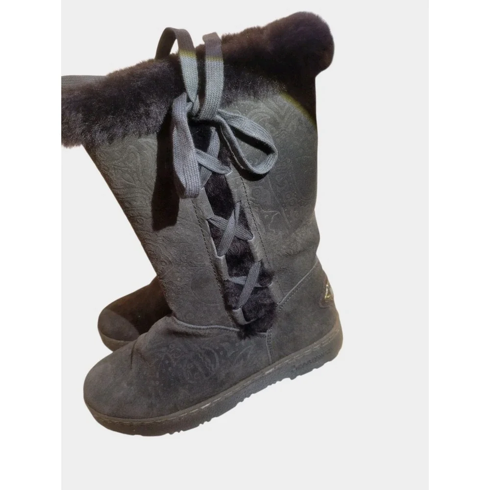Bearpaw Boots Womens 8 Bristol Tooled Shearling Brown Suede Pull On Mid-Calf‎
